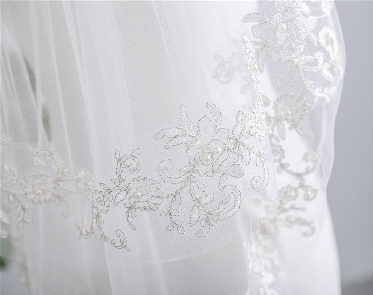 Wedding Veil Two-Tier Lace Edge Tulle Elbow Veils beading Appliques TS9013
