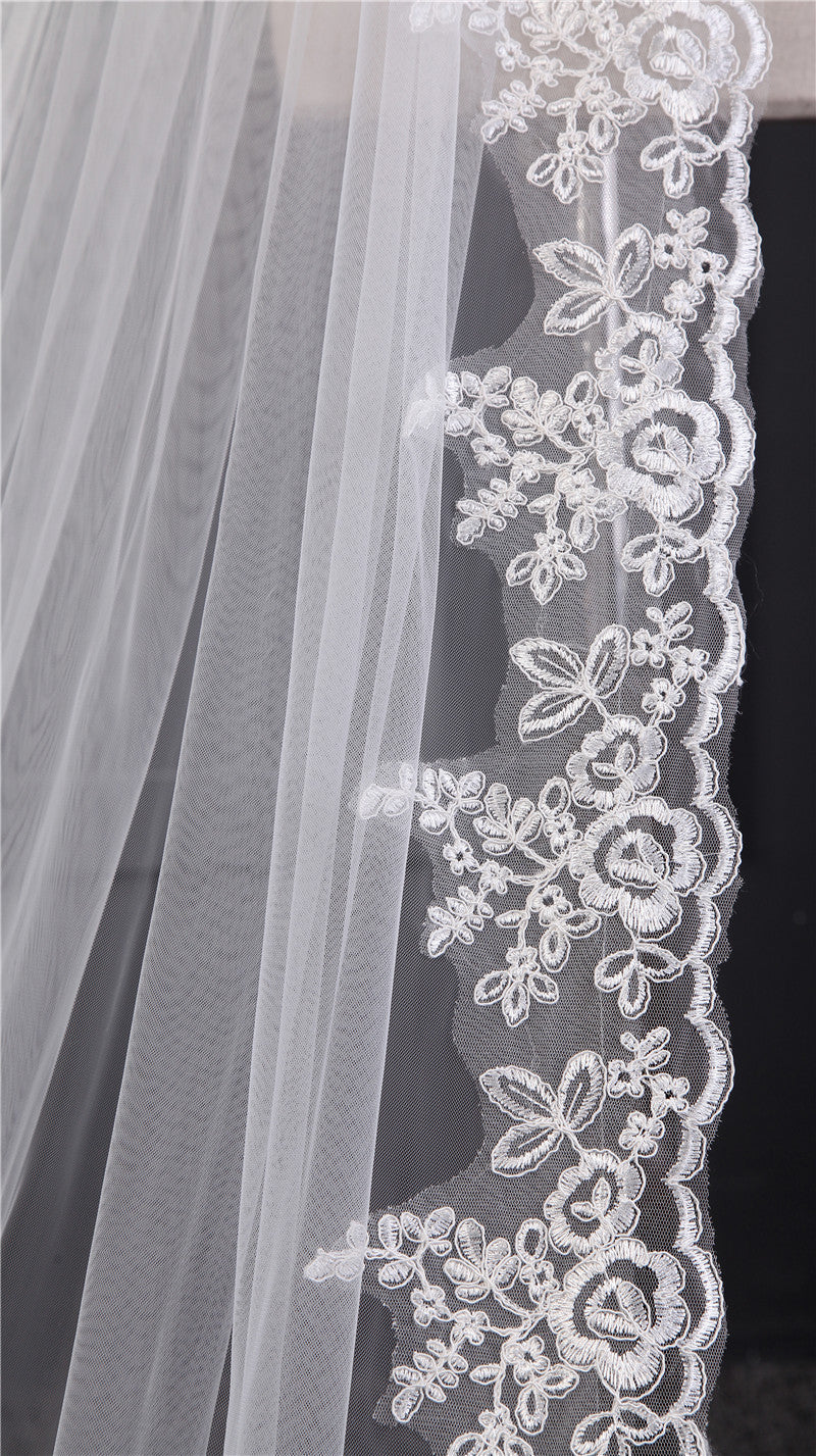 Wedding Veil One-Tier Tulle Lace Edge Chapel Veils Appliques TS91036