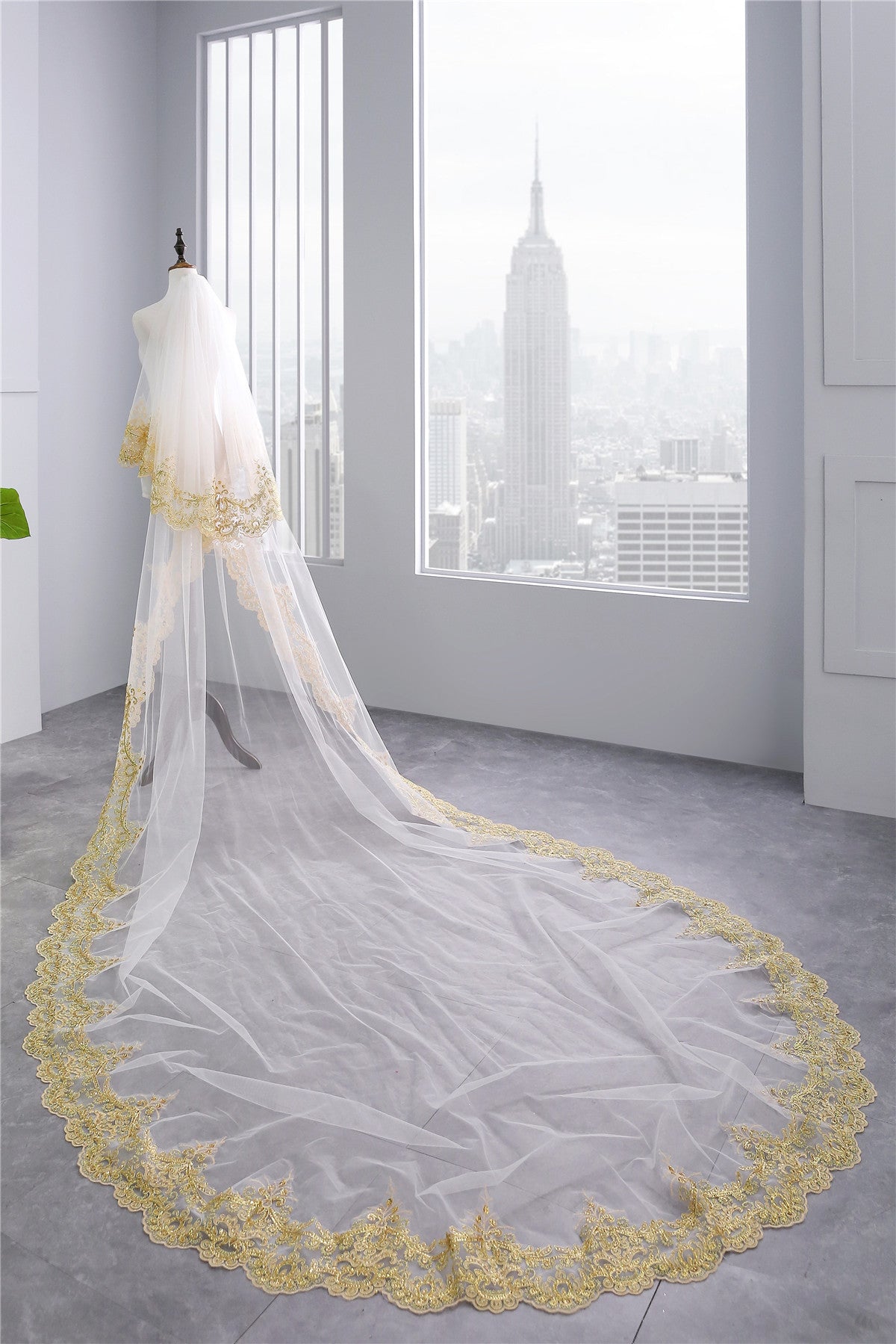 Wedding Veil Two-Tier Tulle Lace Edge Cathedral Veils Golden Appliques TS91023