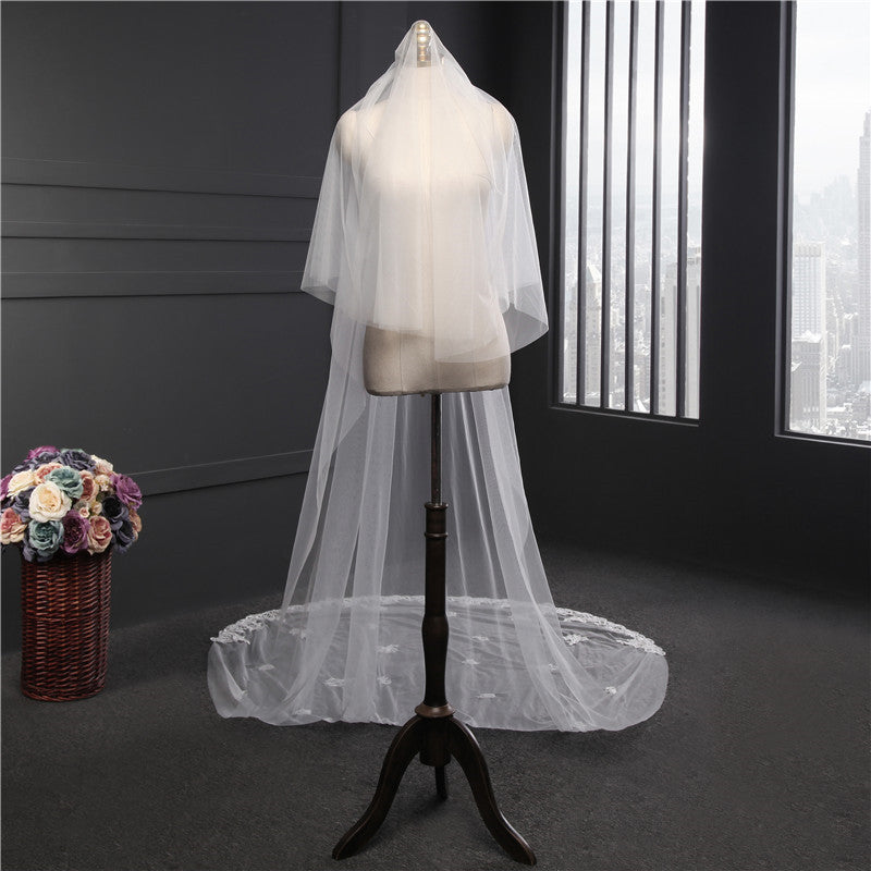 Wedding Veil Two-Tier Lace Edge Tulle Cathedral Veils Appliques TS9008