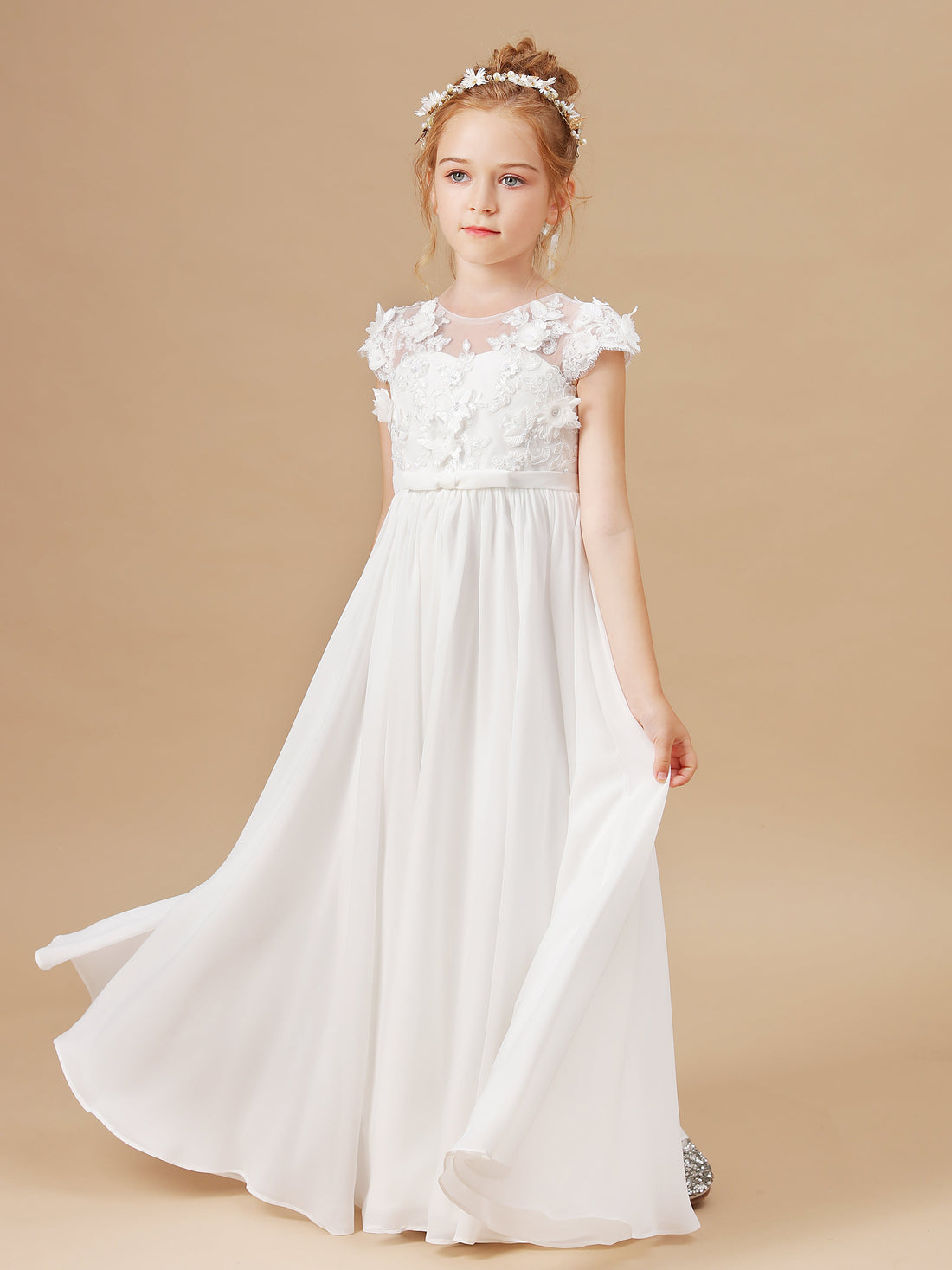 Off-Shoulder Cap Sleeves Long Flower Girl Dress With Lace Appliques OF132 main image 1