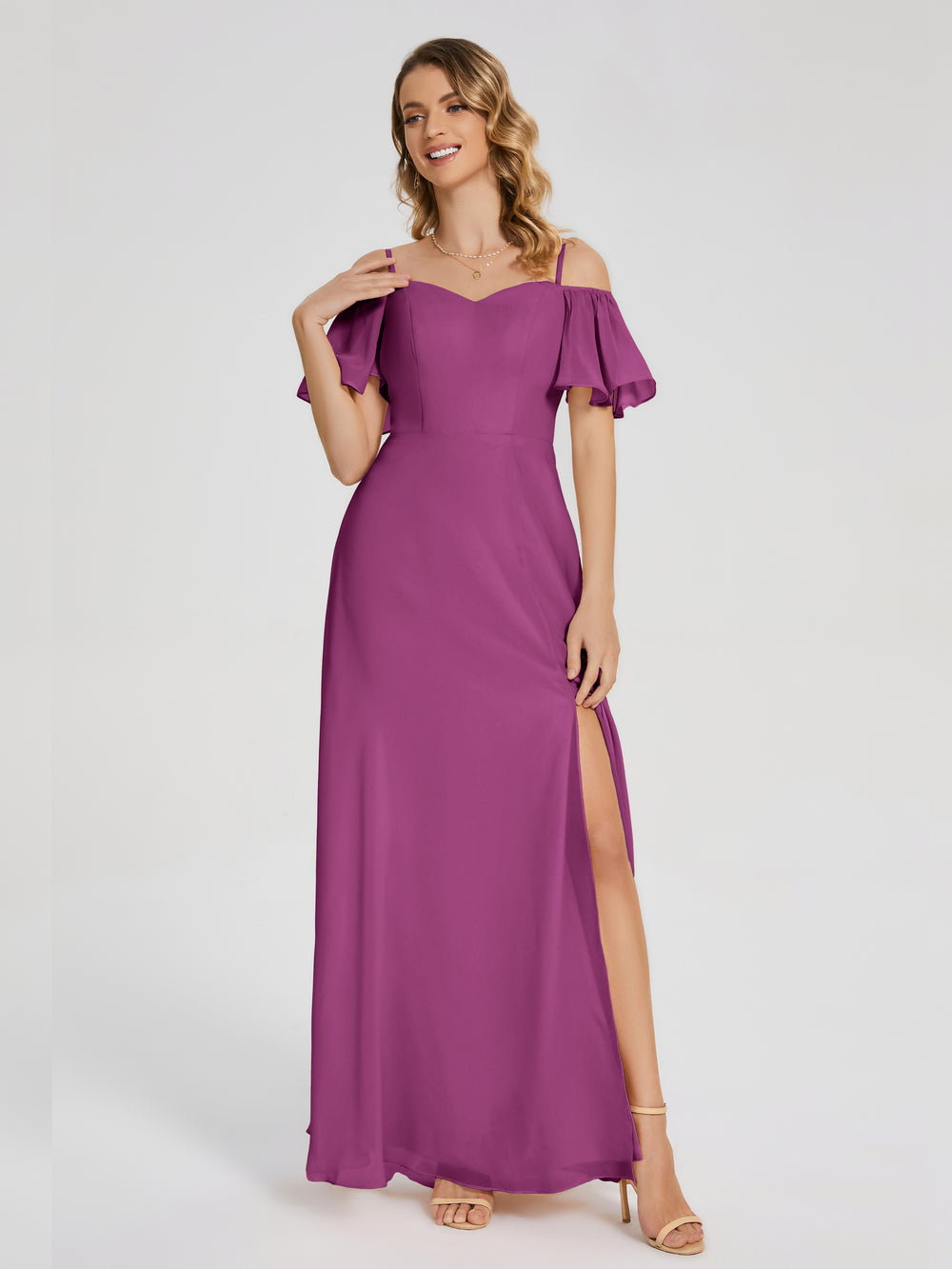 Off-the-Shoulder A-Line Pleated Chiffon Bridesmaid Gown in Dark Navy main image 1