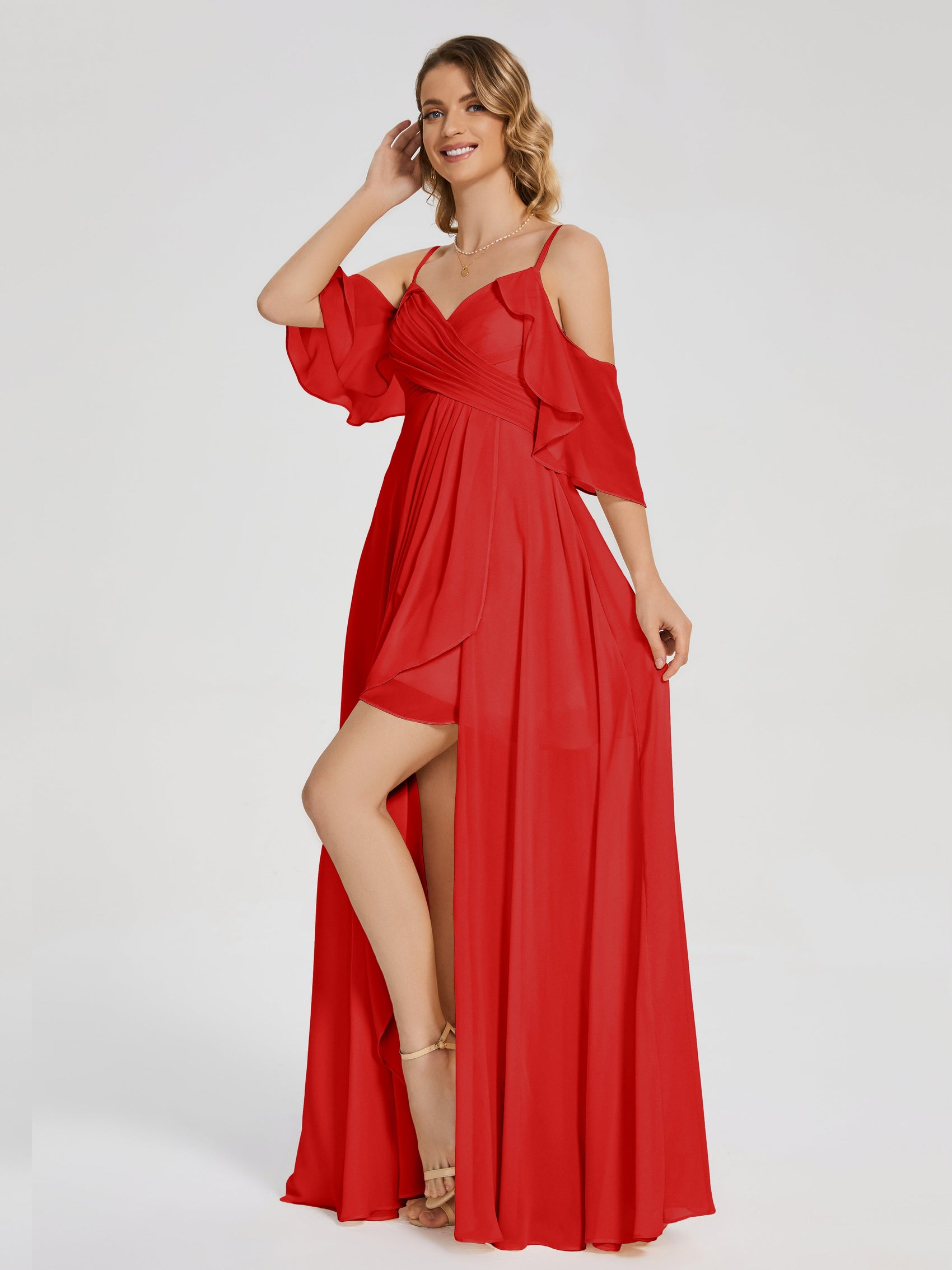 Off Shoulder Ruffles Chiffon Bridesmaid Dress Sky Blue
