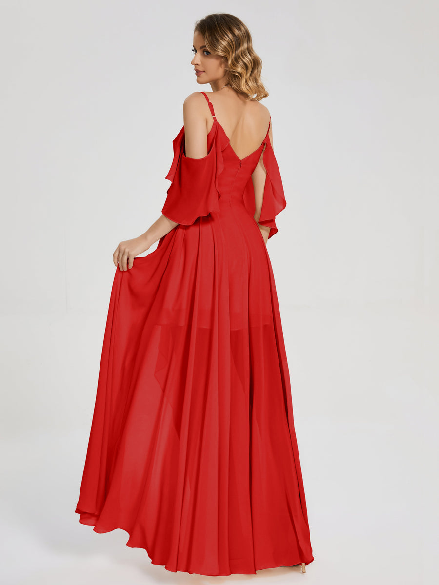OKBBN Cute A-line Off Shoulder Ruffle Chiffon Long Ball Dress