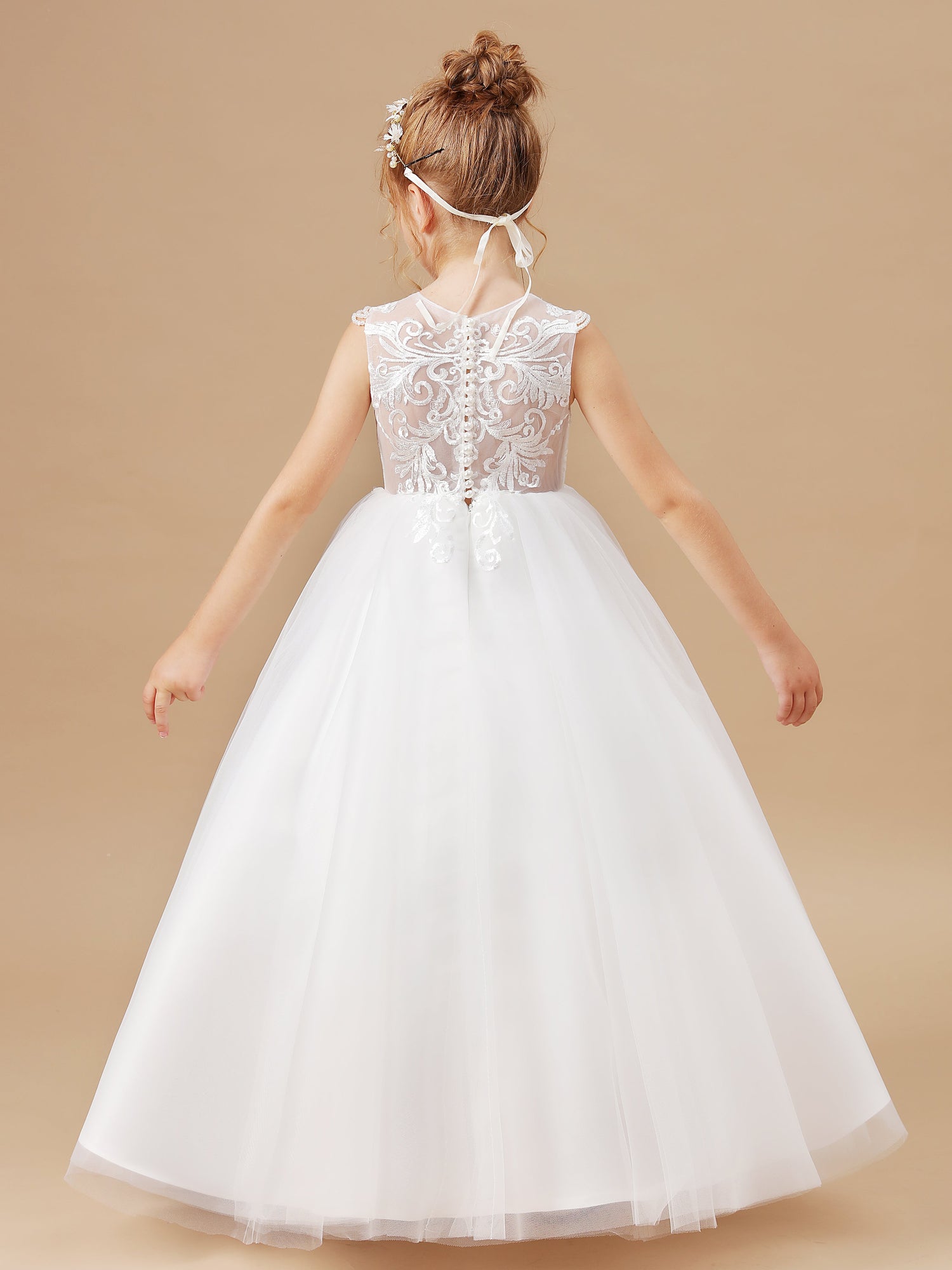 Cute Tulle Ivory White Sleeveless Flower Girls Dresses Ball Gown