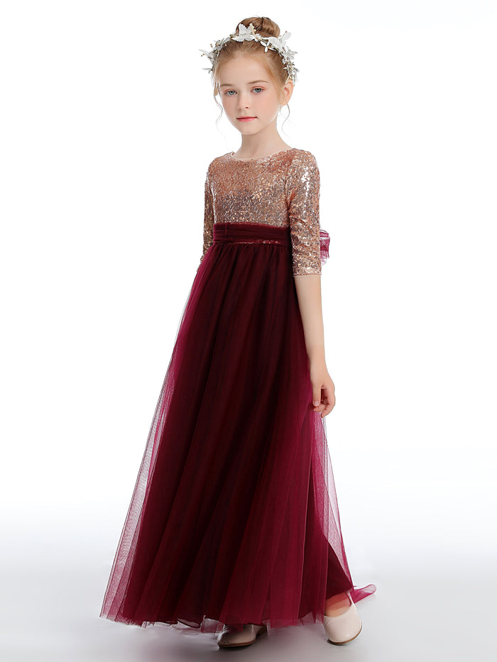 Sequins Tulle Flower Girl Dress Cross Back Bow Accent Sleeveless Elegant Cute Flowery Dress for Kids