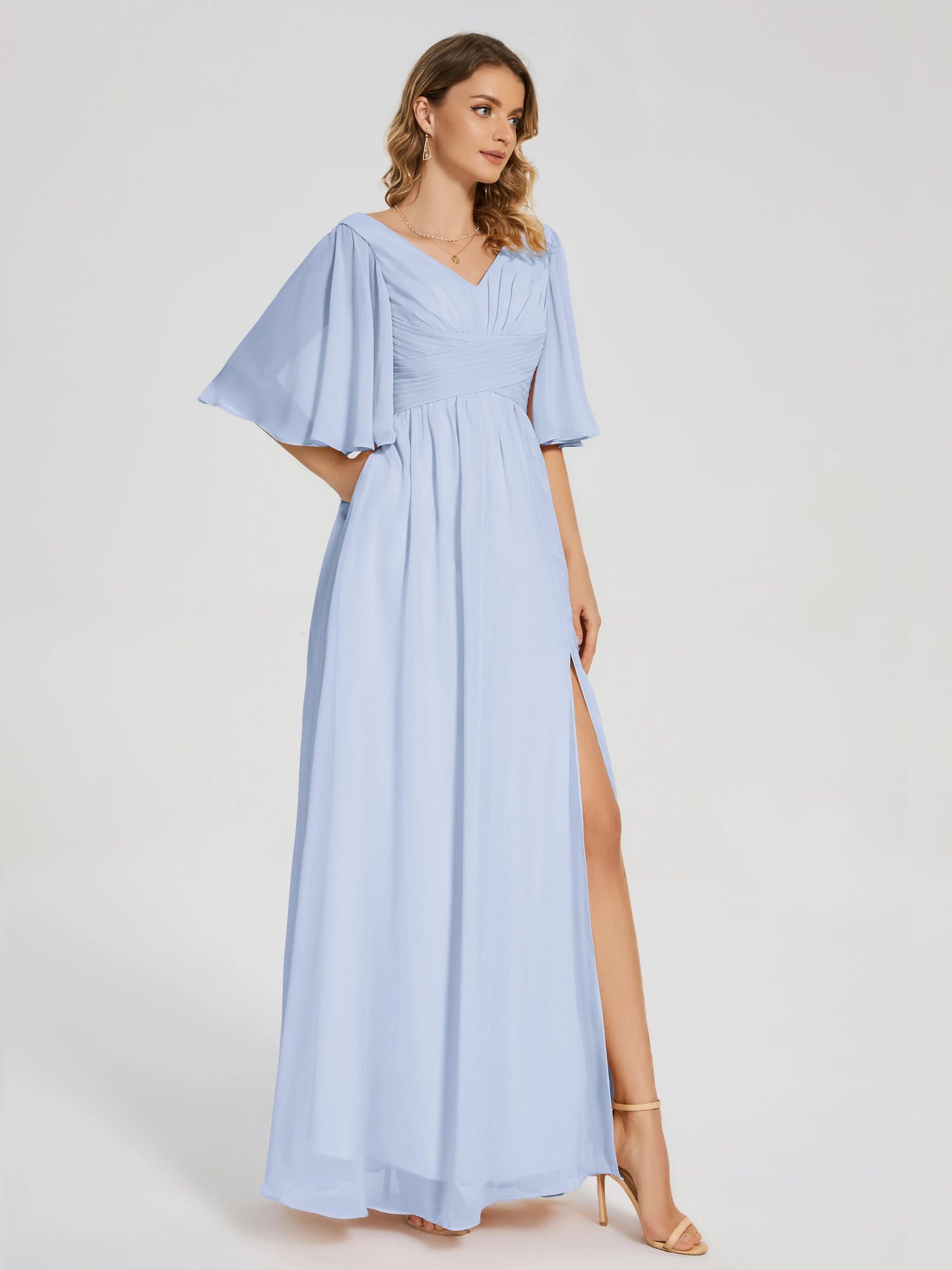 V-neck Half Sleeves Chiffon Mother of the Bride Dress