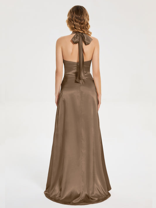 Hazel Ruched Corset Back Floor Length Satin Dresses