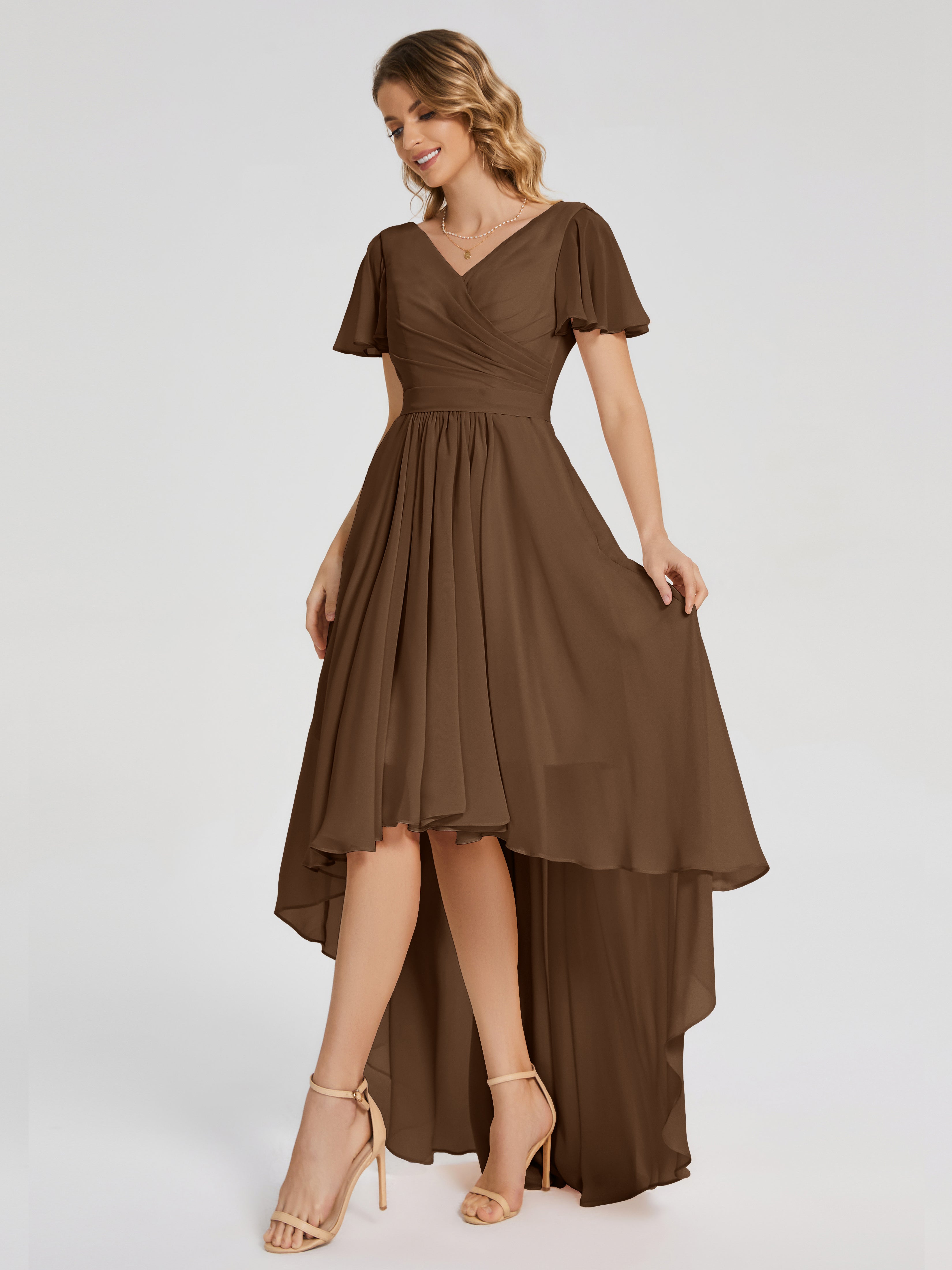 Evangeline High Low Short Sleeves Chiffon Bridesmaid Dress