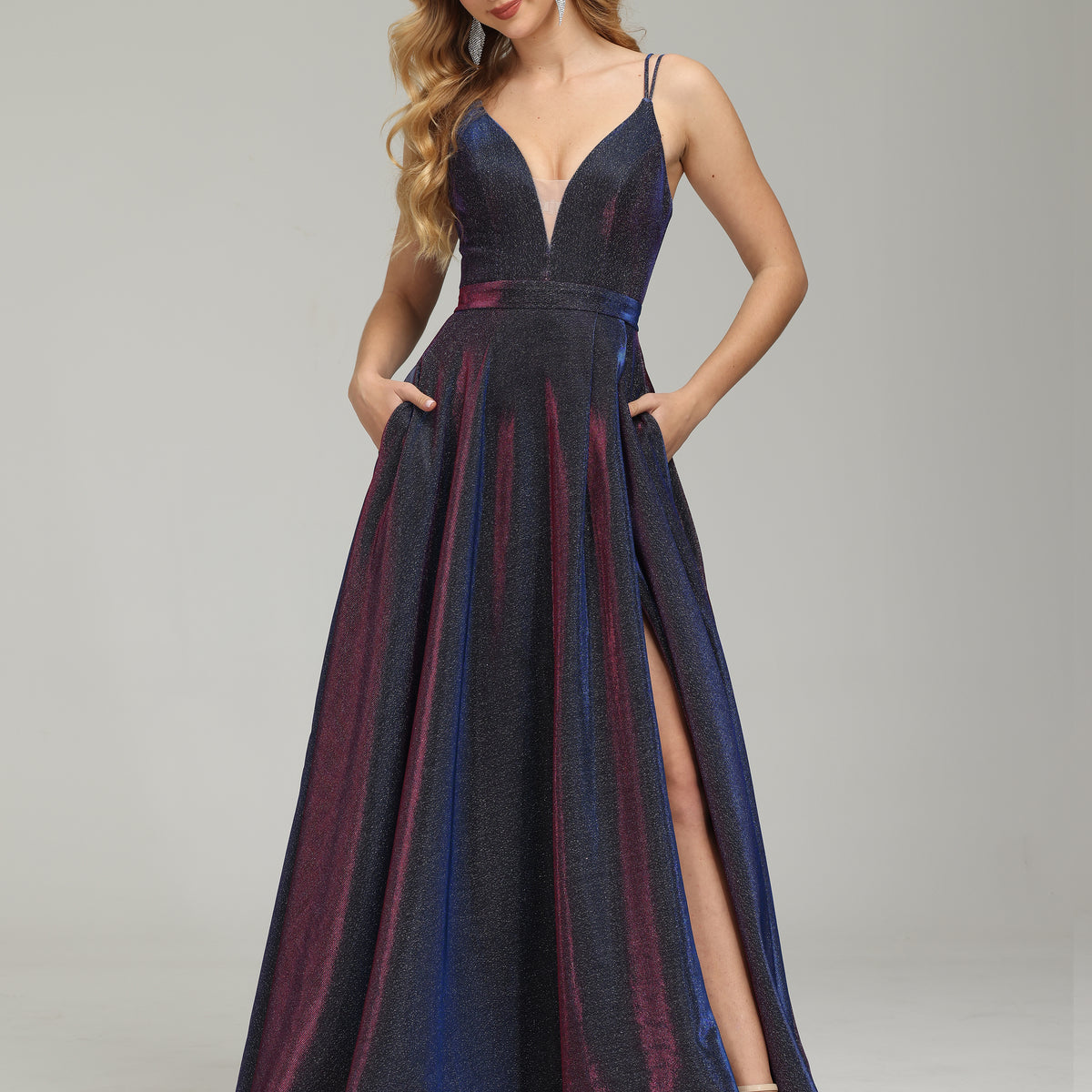 Cicinia V-Neck Backless Prom Dress Iridescent Spaghetti Strap Evening Gown