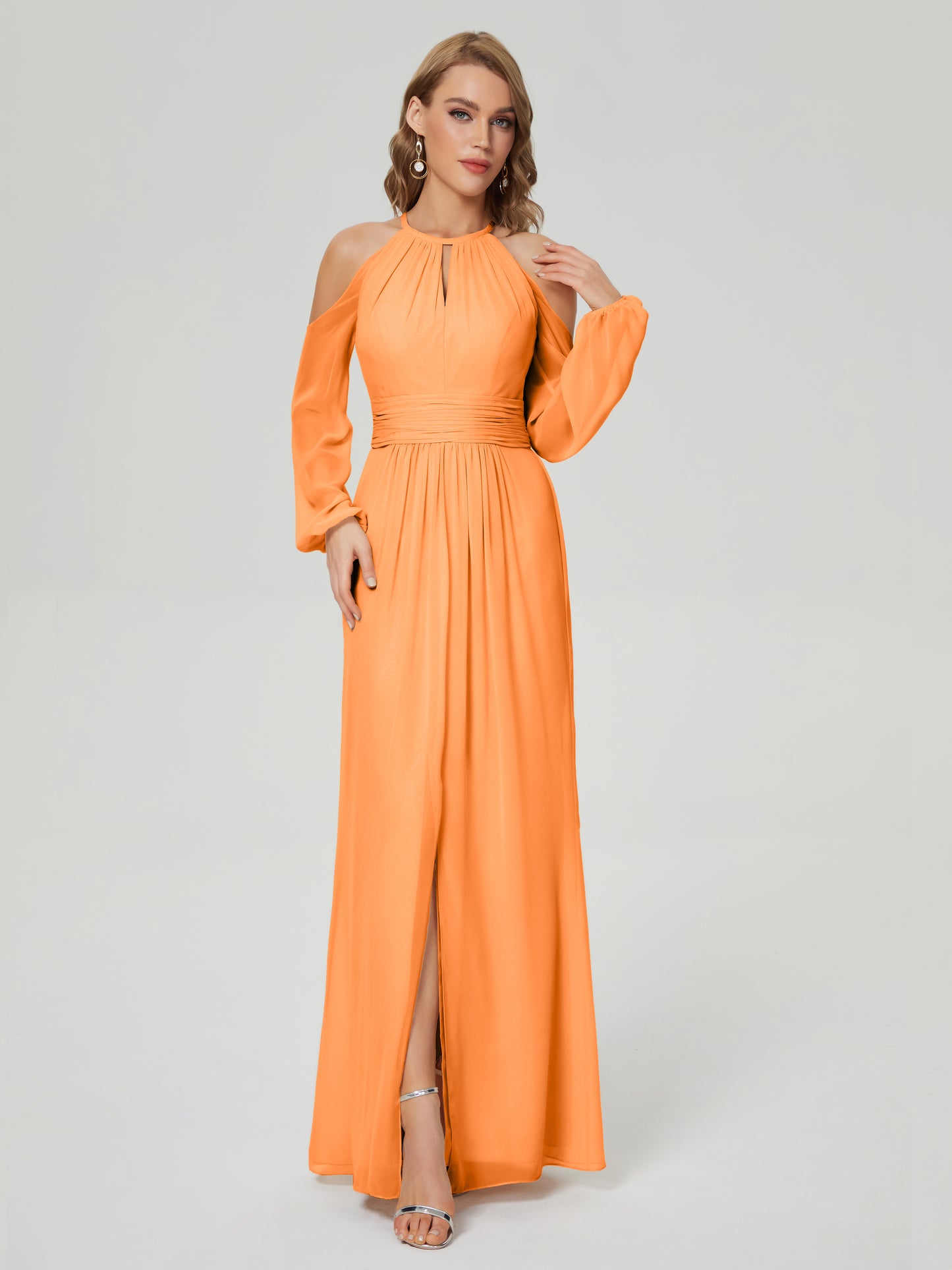 Phoebe Long Sleeves Column Chiffon Bridesmaid Dress