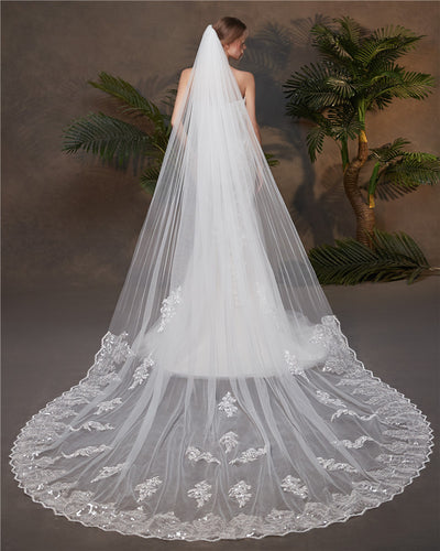 Wedding Veil One-Tier Tulle Lace Edge Cathedral Veils Sequins Appliques TS91017