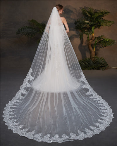 Wedding Veil One-Tier Tulle Lace Edge Cathedral Veils Sequins Appliques TS91018