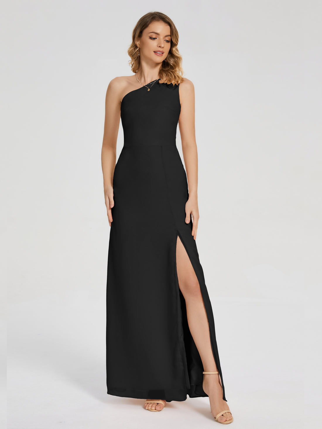 River One Shoulder Column Slit Bridesmaid Dress