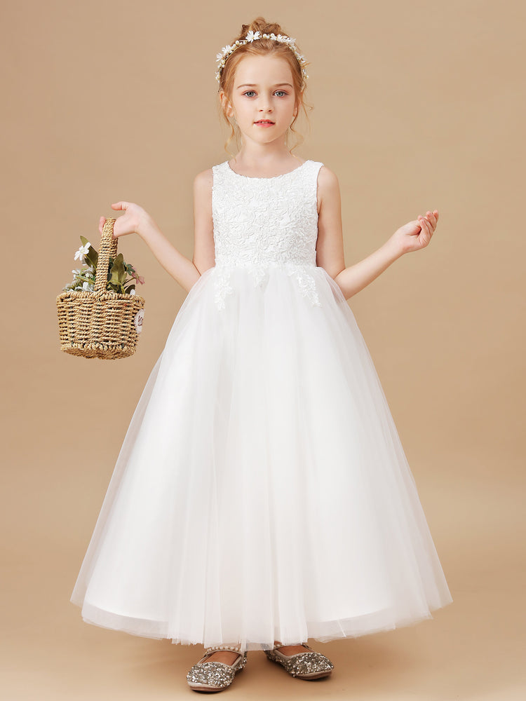 Round Neck Appliques Tulle Flower Girl Dress with Bow-Knot