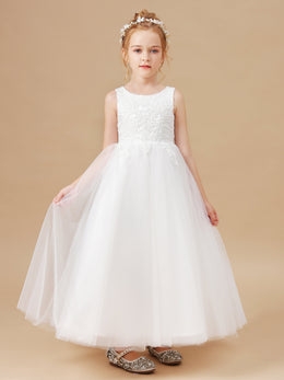 Round Neck Appliques Tulle Flower Girl Dress with Bow-Knot
