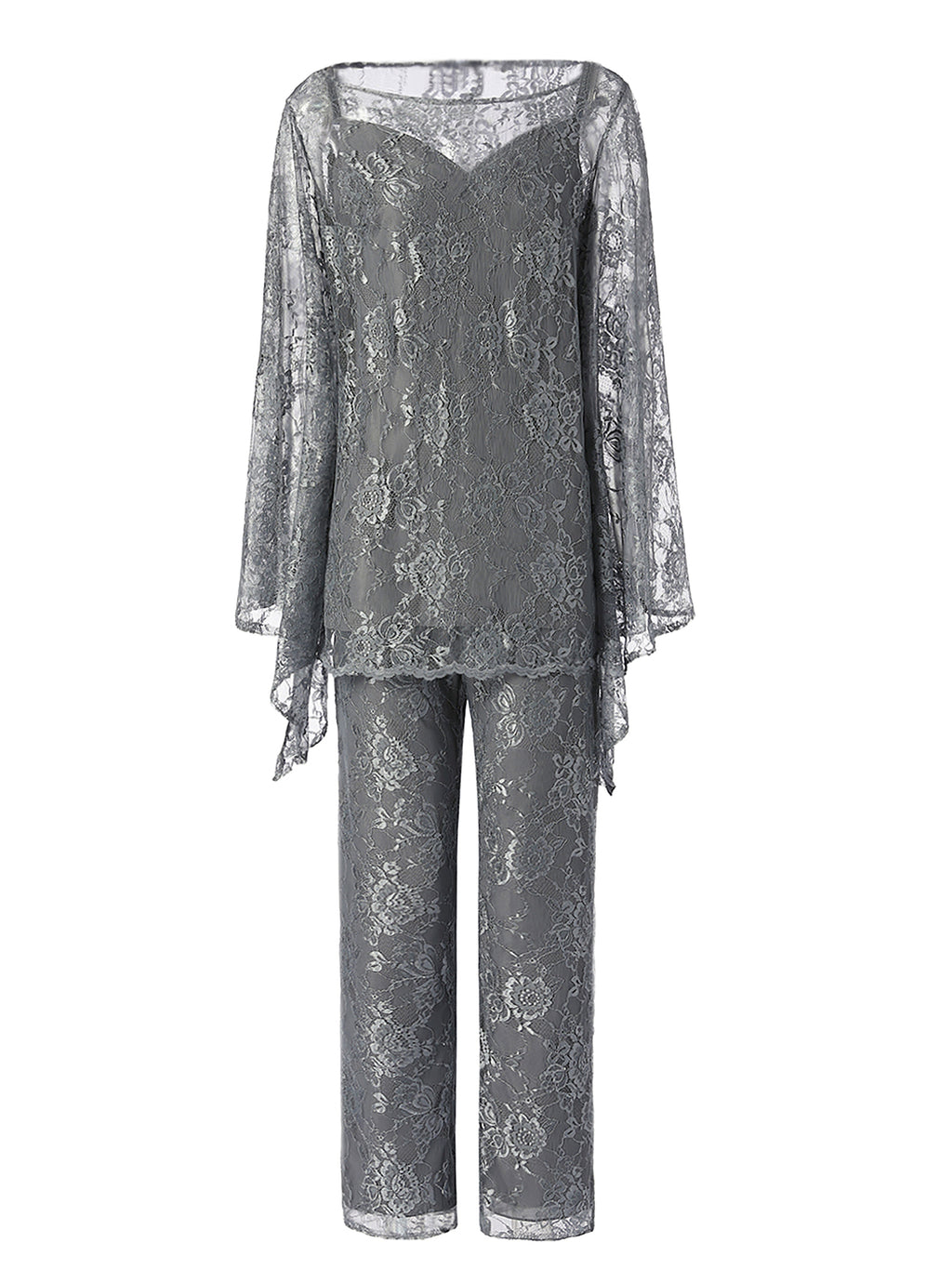 See-Through Sleeves Chiffon Lace Mother of the Bride Dress Pant Suits |  Cicinia