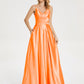 V-neck Pleated Soft Satin Prom Dress with Slit