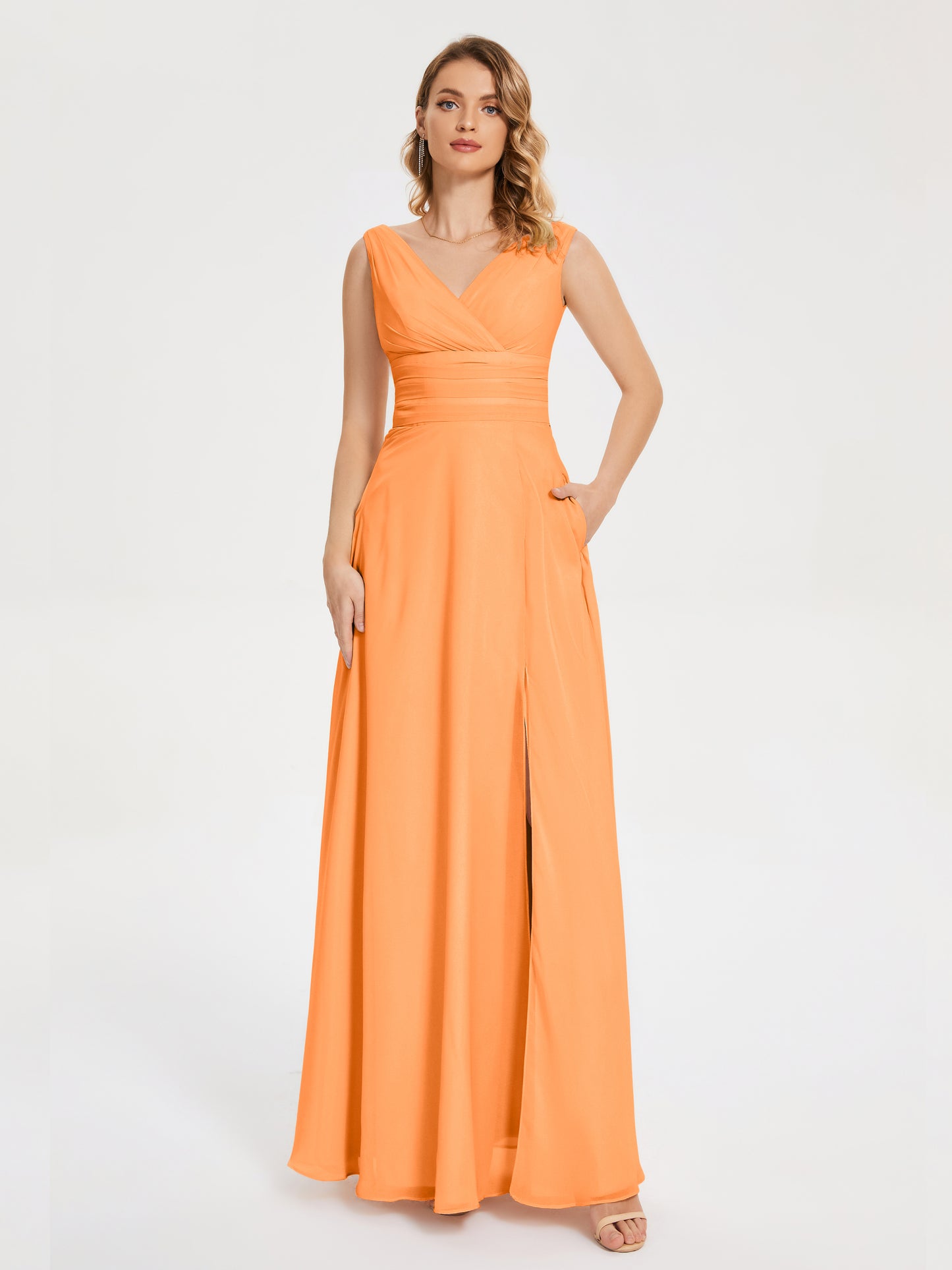 Lucille Simple V-neck Bridesmaid Dress with Pockets