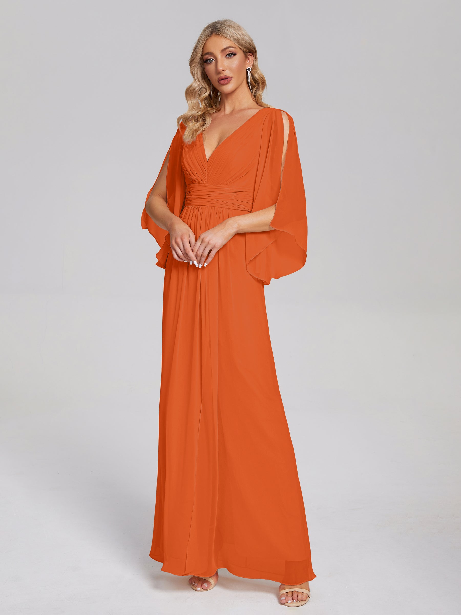 Satin V Neck Pleated Ruffles Corset Bridesmaid Dresses with Slit
