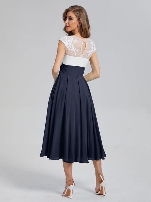 Cicinia Dark Navy Long Mother Of The Bride Dress Chiffon A-line Plus Size V-neck Pleats Cap Sleeves Floor Length main image 1