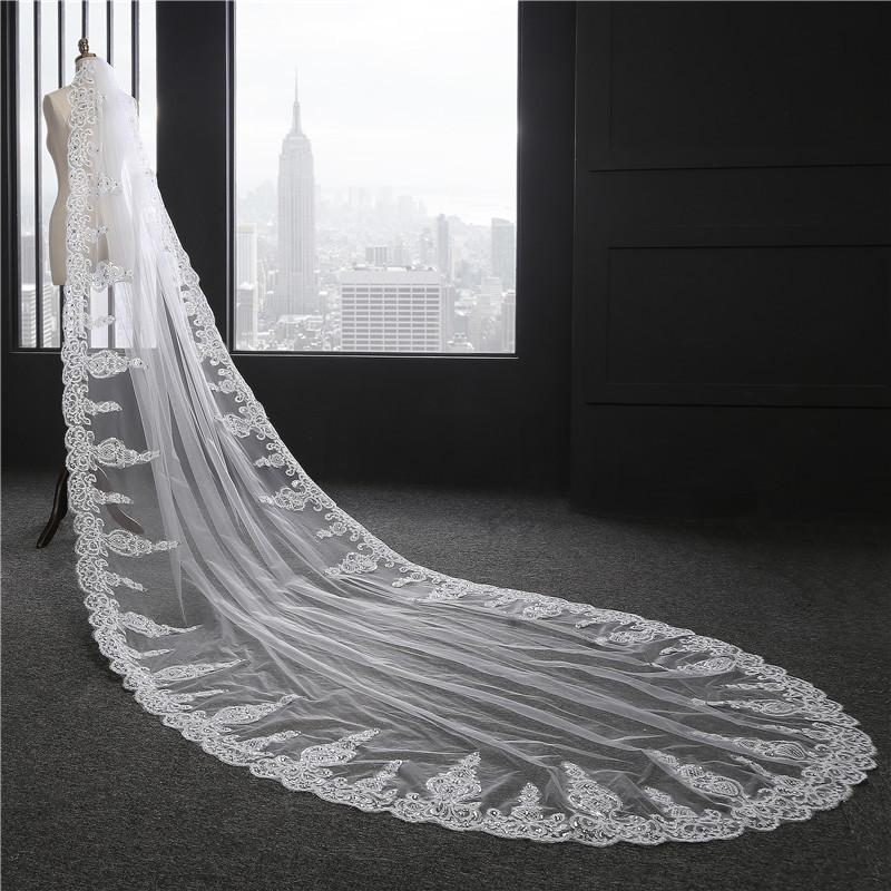 Wedding Veil One-Tier Lace Edge Tulle Cathedral Veils Appliques TS9002