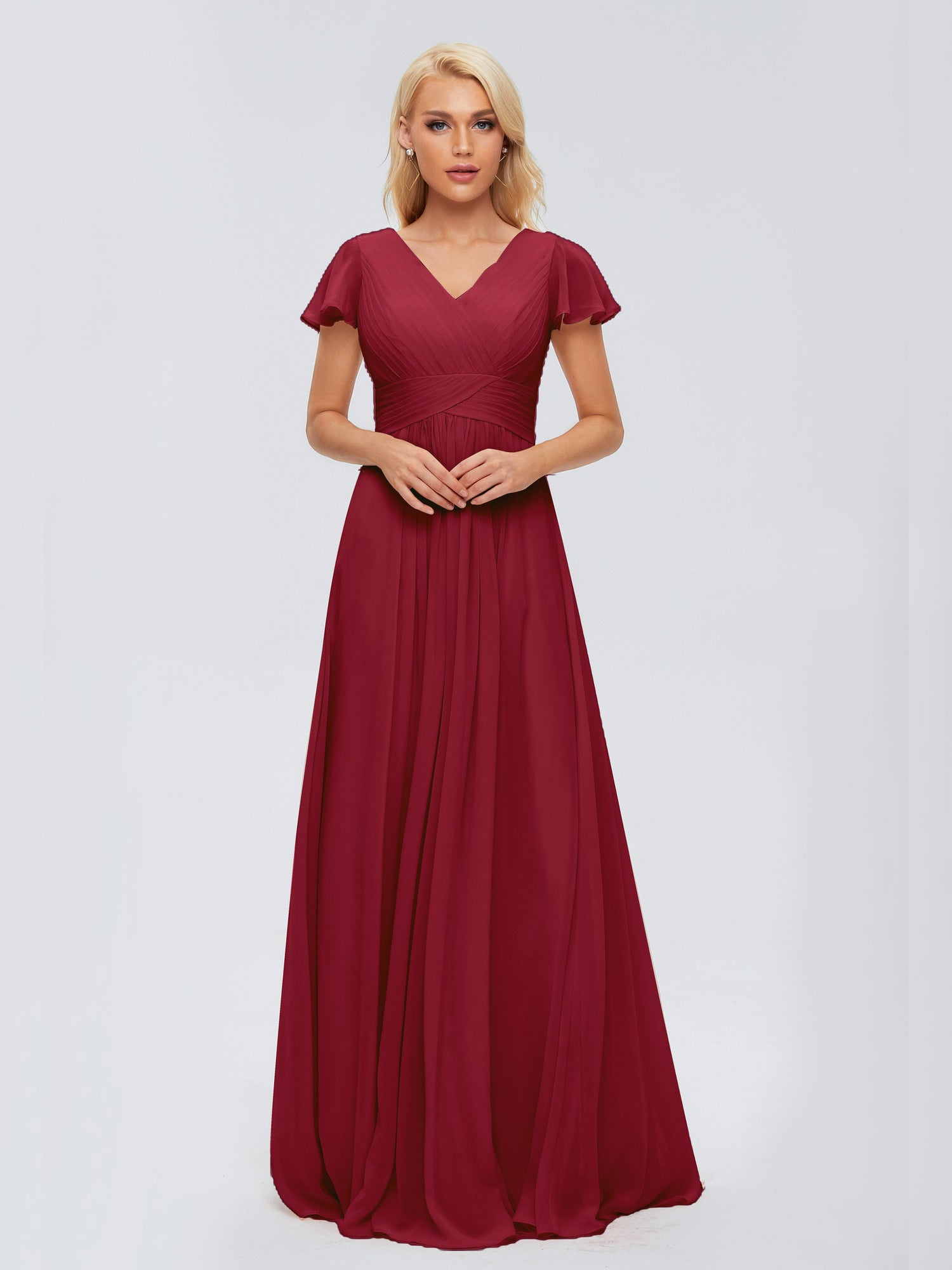 Flutter Sleeve Crisscross Mesh Bridesmaid Dress