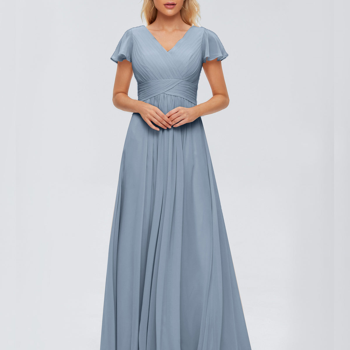 Cicinia V-neck Pleats Chiffon Bridesmaid Dress with Ruffles, Slate_Blue