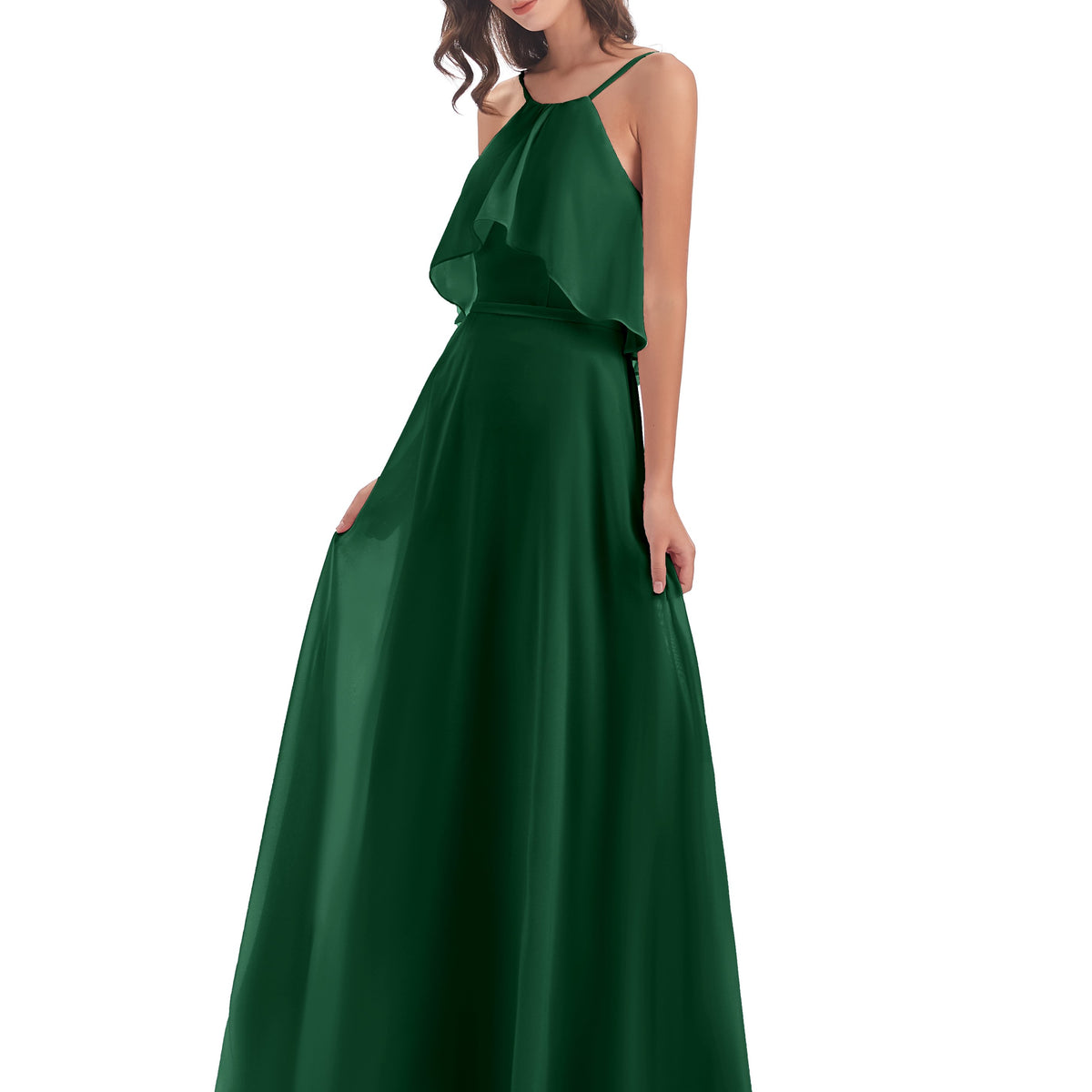 Paisley Halter Ruffles Chiffon Long Bridesmaid Dresses