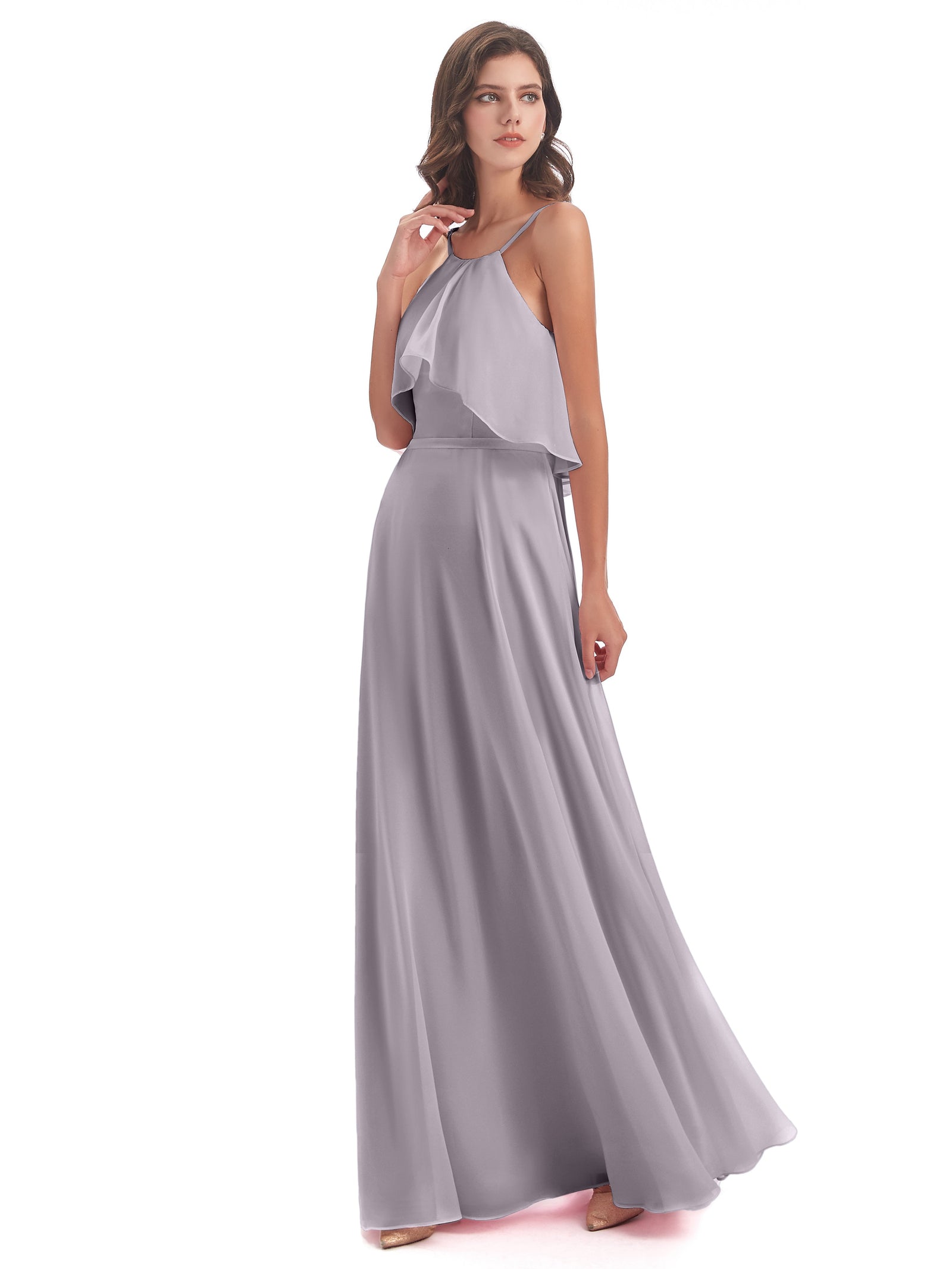 Full-length Spaghetti Straps Chiffon Gown Dusk