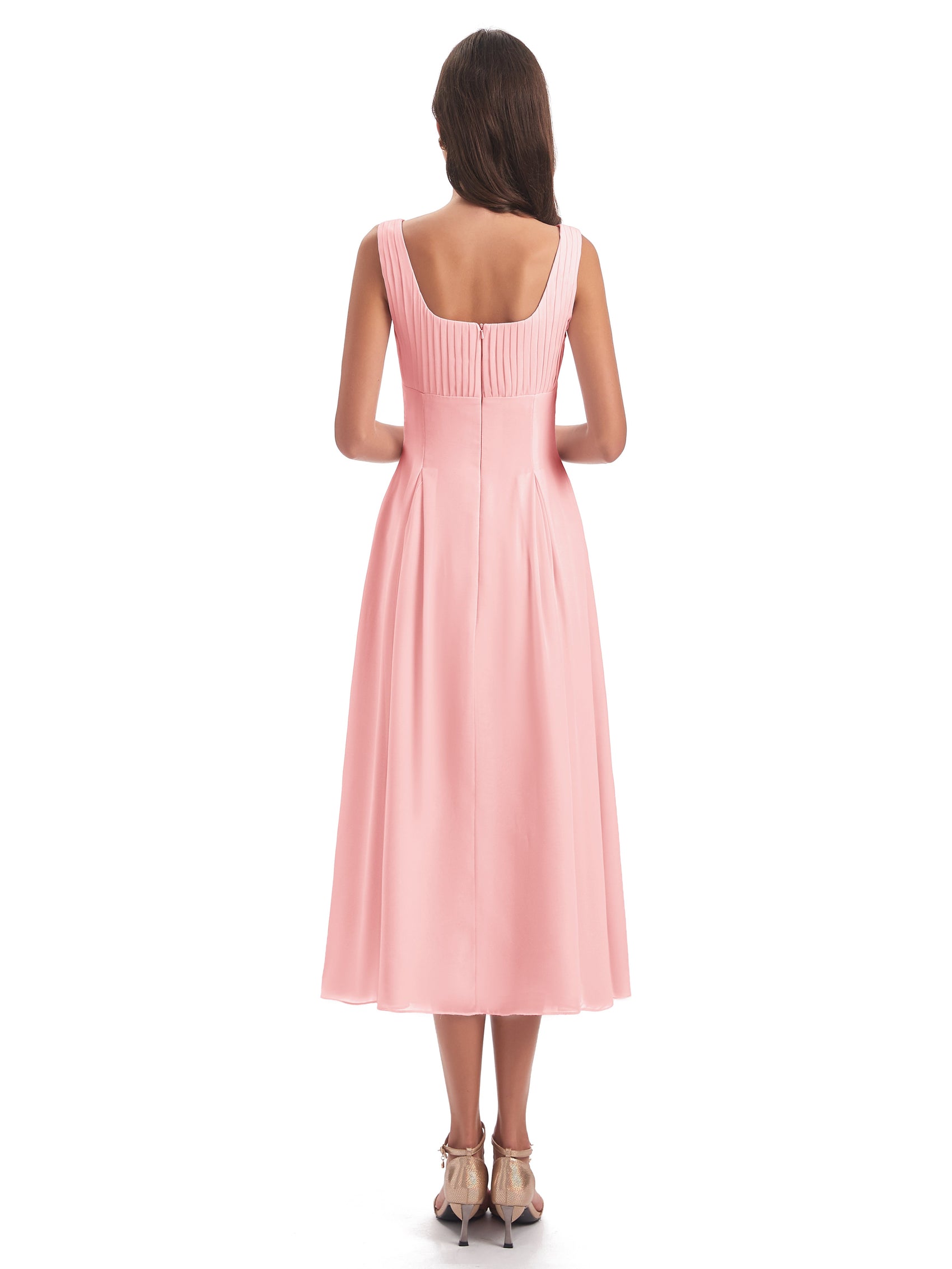 Square Tea-Length Chiffon Dress with Beaded Cinnamon Rose