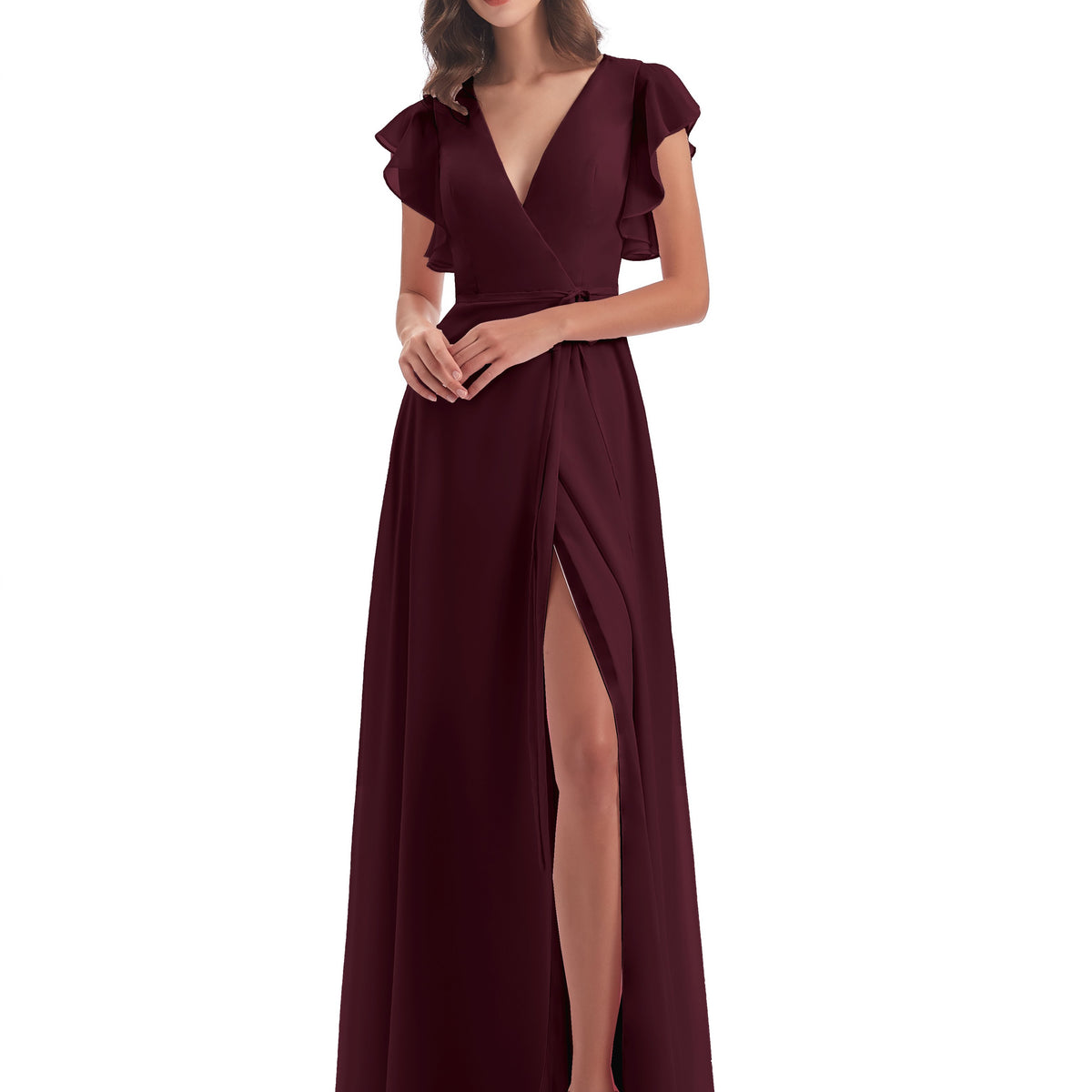 Cicinia Sheath Floor Length V-Neck Split Chiffon Bridesmaid Gown, Rust Cicinia Sheath Floor Length V-Neck Split Chiffon Bridesmaid Gown, Rust