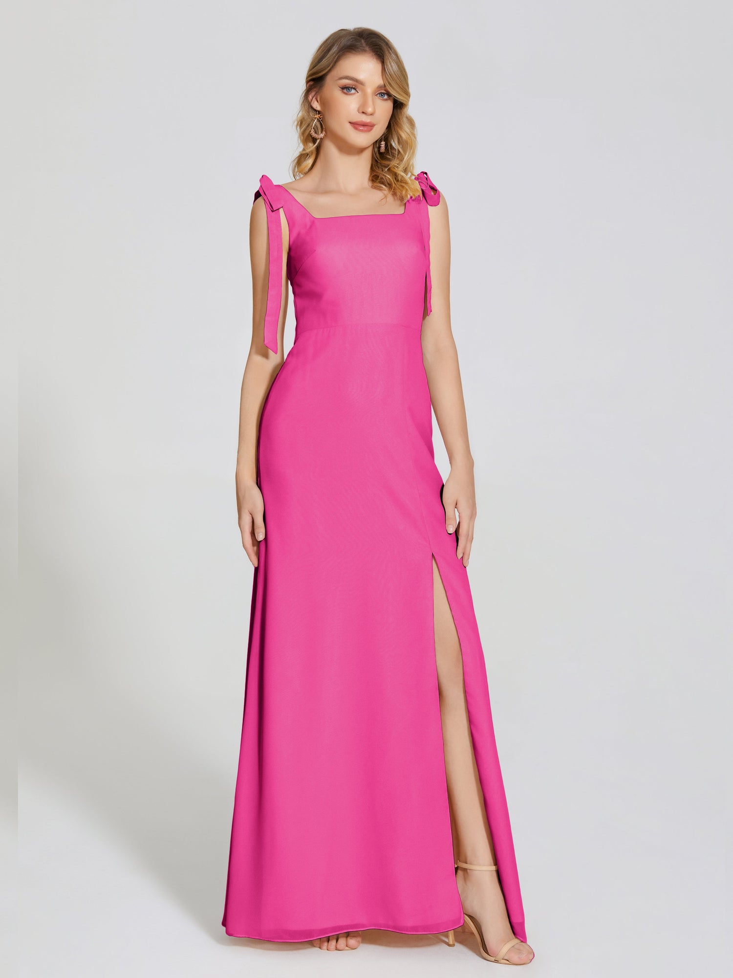 SATIN DRESS WITH SHOULDER KNOT - Fuchsia