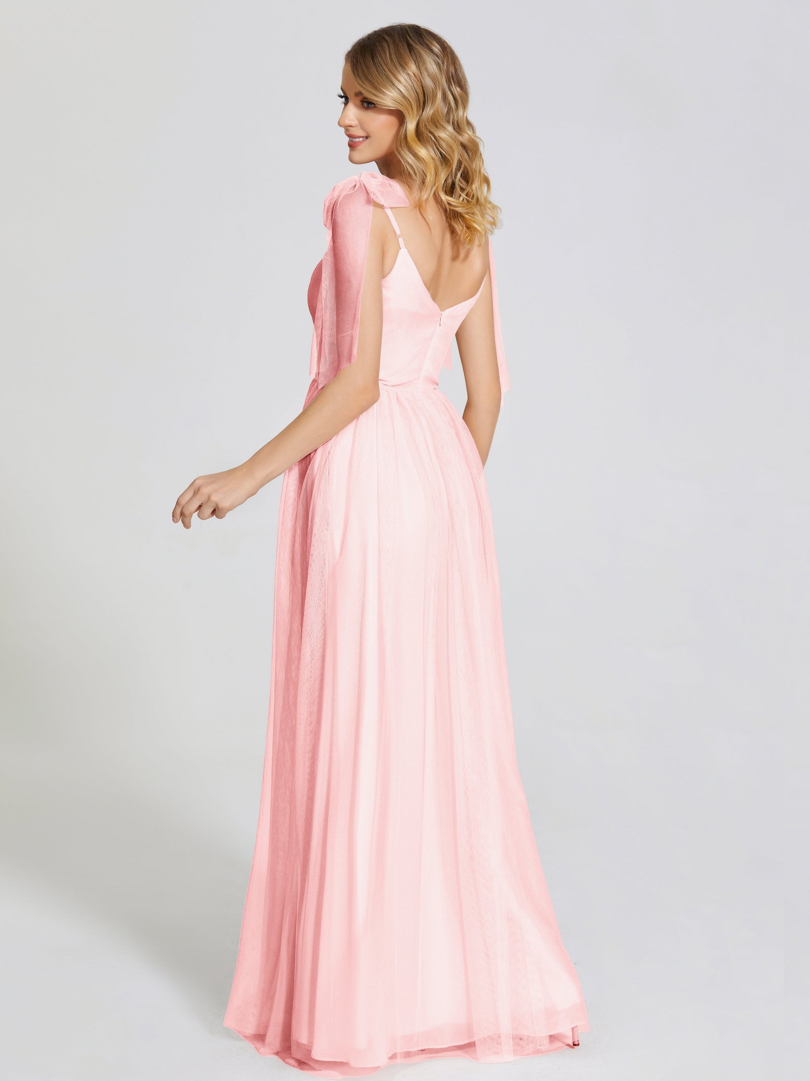 Detachable Bow-knot Straps Tulle Prom Dress with Slit