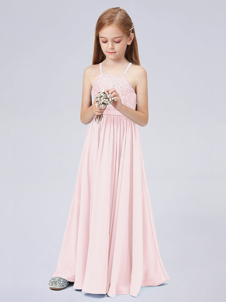 Simple Halter Floor-Length Junior Bridesmaid Gown Blushing Pink