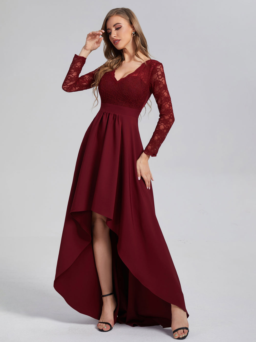 High Low Long Sleeve Open Back Prom Dresses