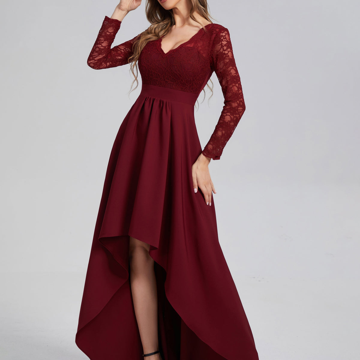 High Low Long Sleeve Open Back Prom Dresses