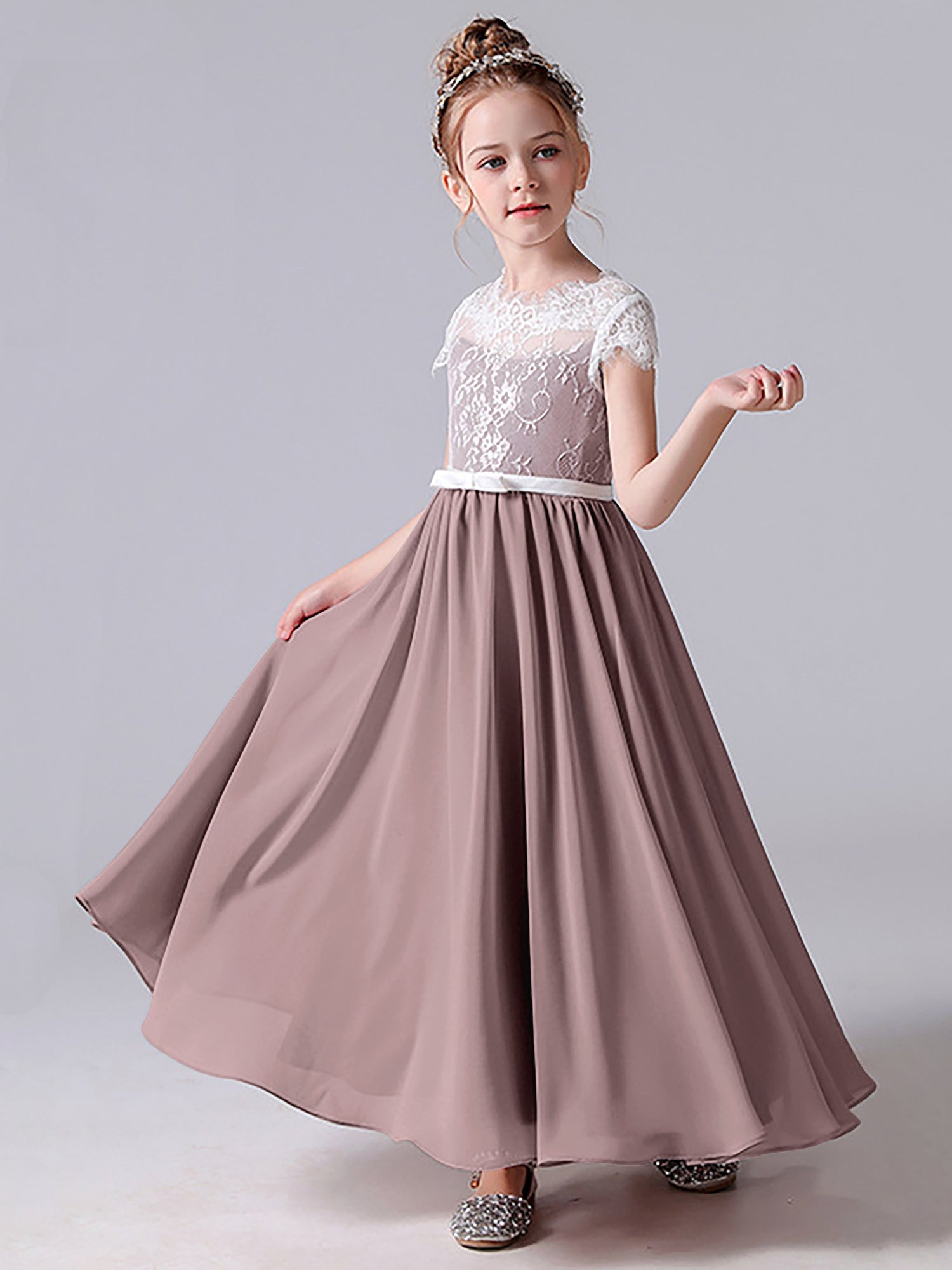 Lace Scoop Junior Bridesmaid Dress With Sleeves