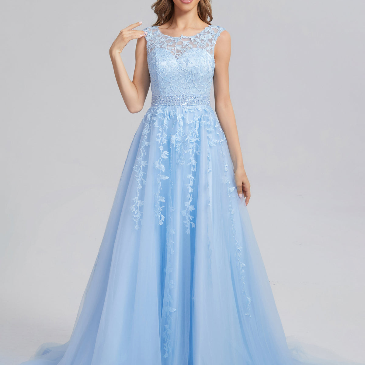 Lace up Appliques Prom Dresses with Pocket