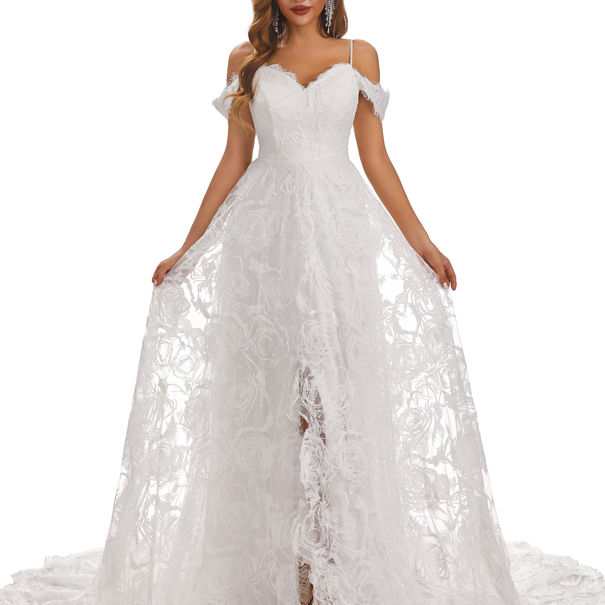 Cicinia Off Shoulder Lace Slit Chapel Wedding Dress