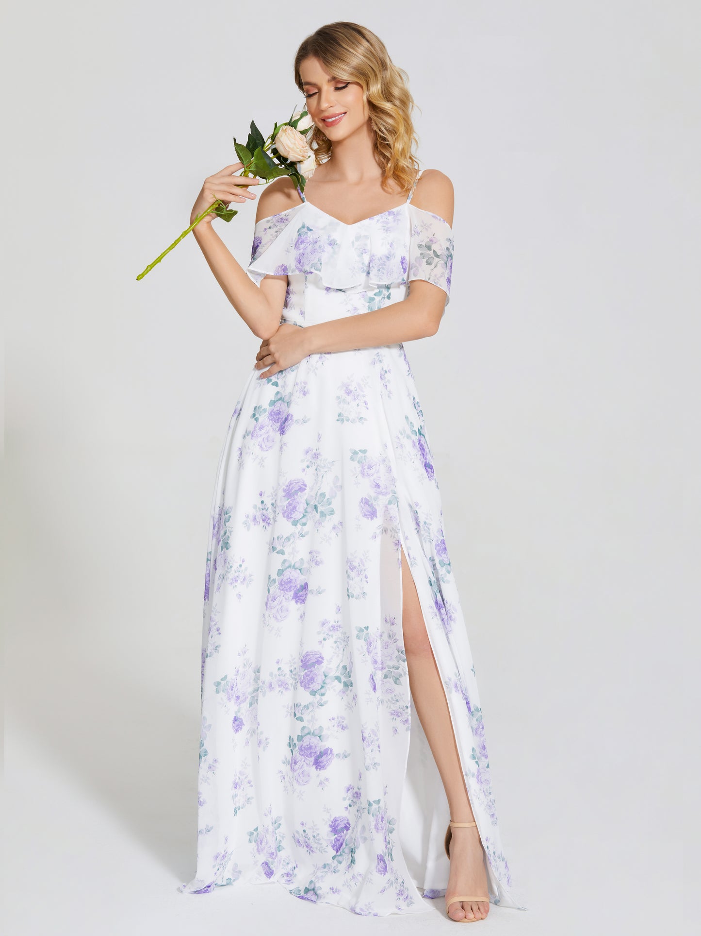 Catalina Off-Shoulder Ruffled Floral Print Bridesmaid Dress