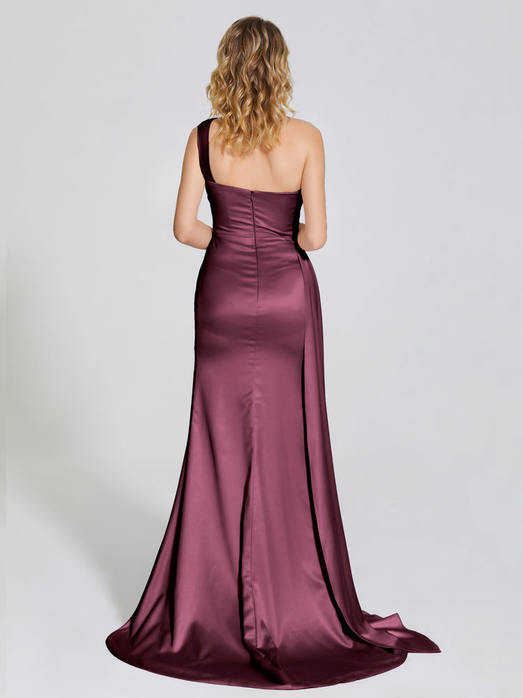 Simple One Shoulder Satin Floor Length Prom Dress with Flowers, Long Party Dress UQ2409