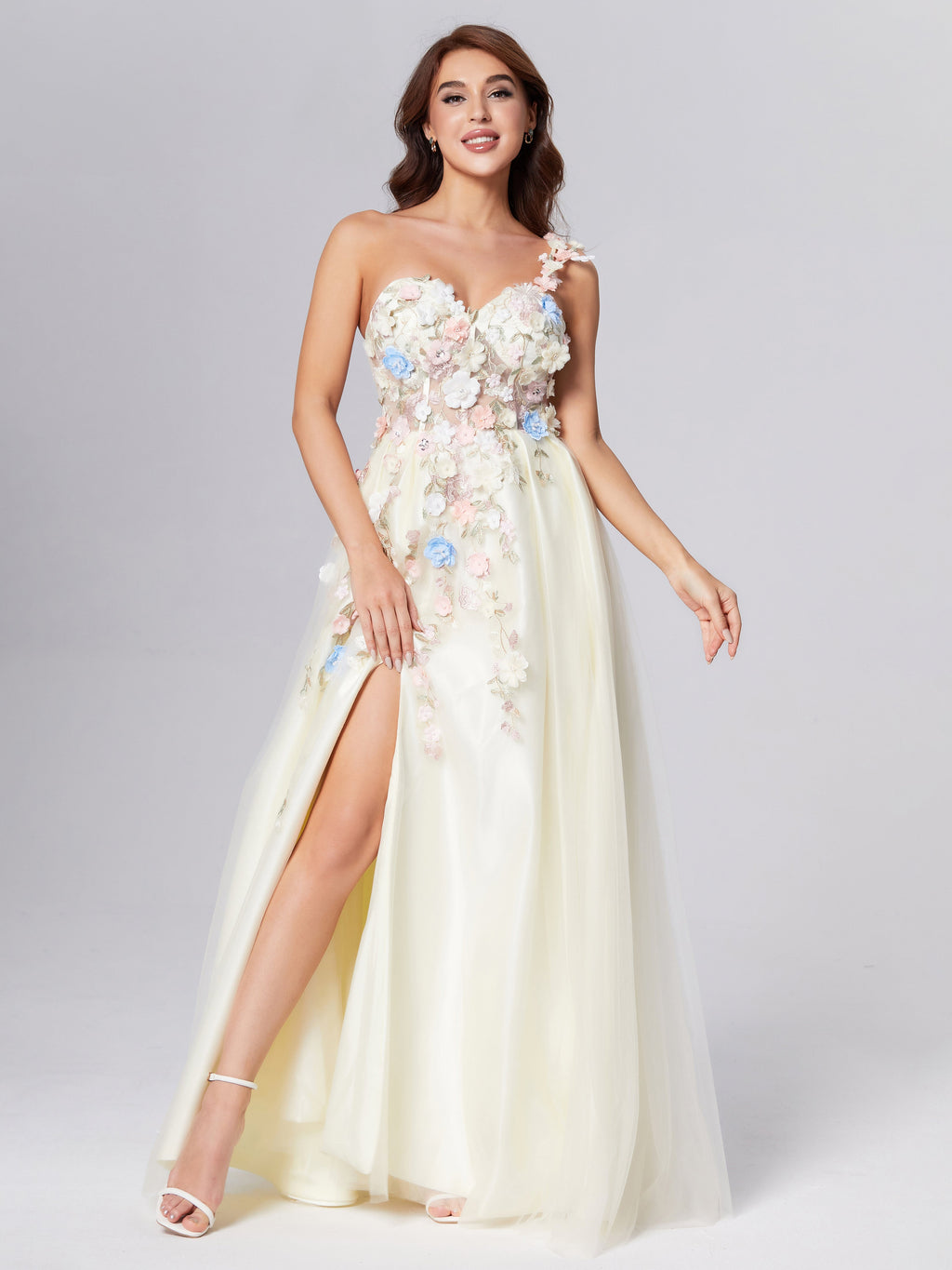 One Shoulder Split Appliques Prom Dresses