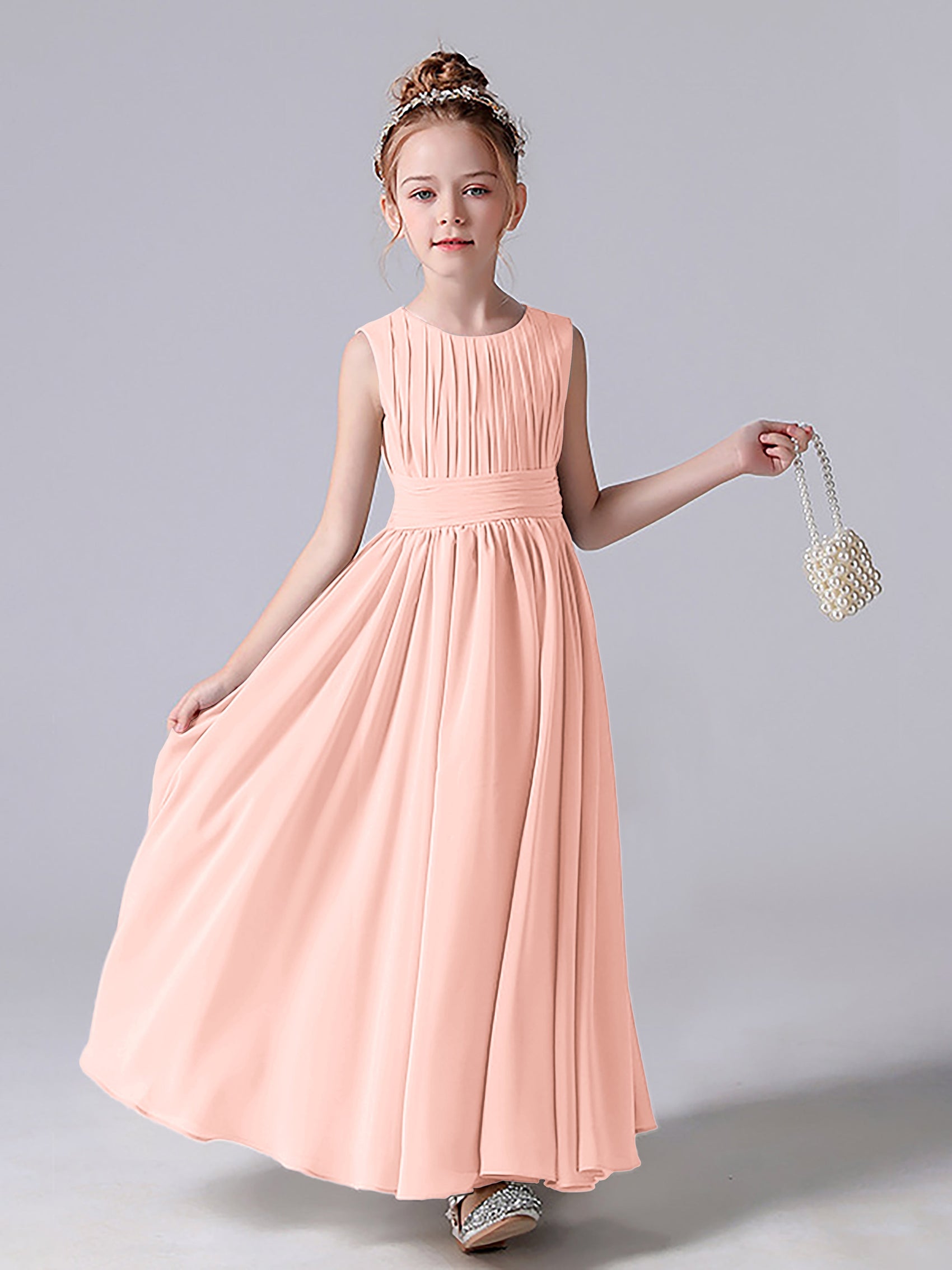 Lace Top Pleated Long Sleeveless Junior Bridesmaid Gown Orchid