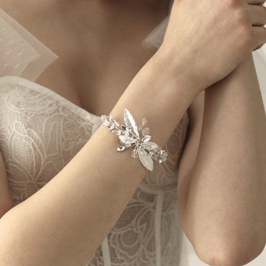 Silver Leaves Crystal Wedding Wrist Corsage
