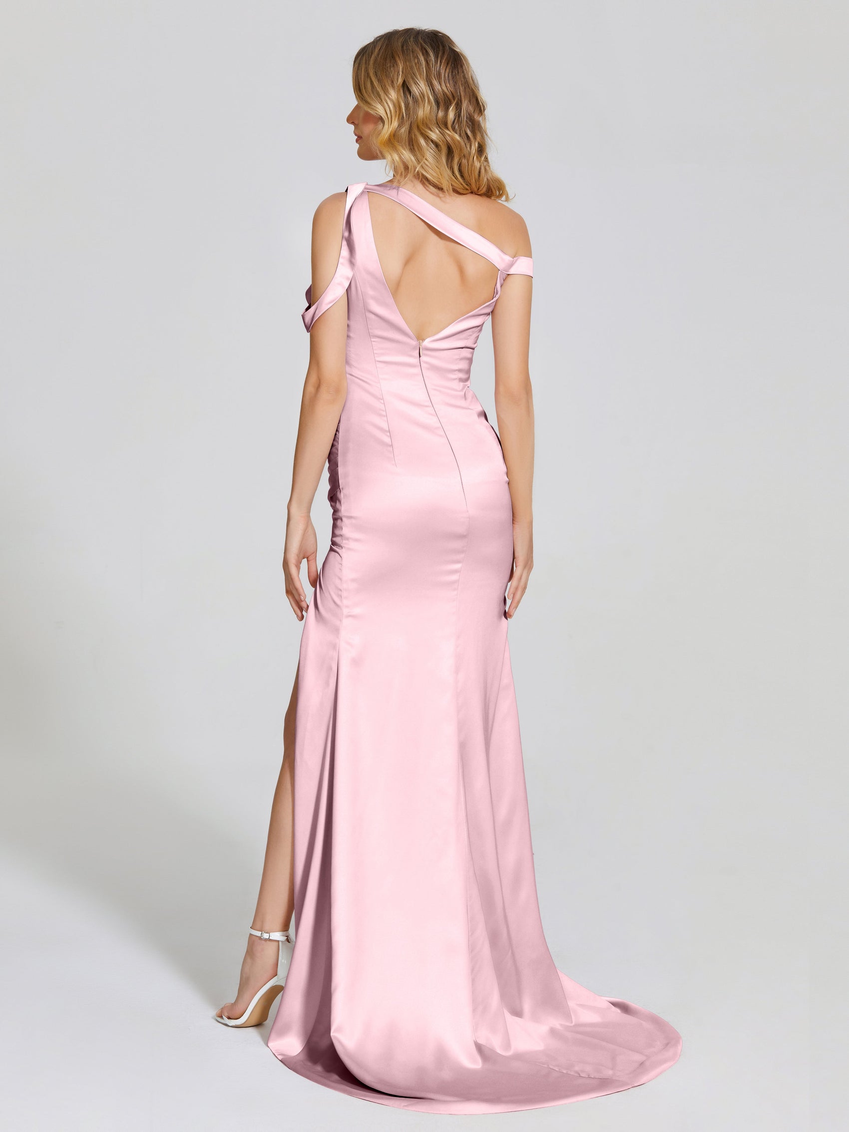 Two Pieces Satin Straps Lace Up Prom Dresses with Slit LBQ0256